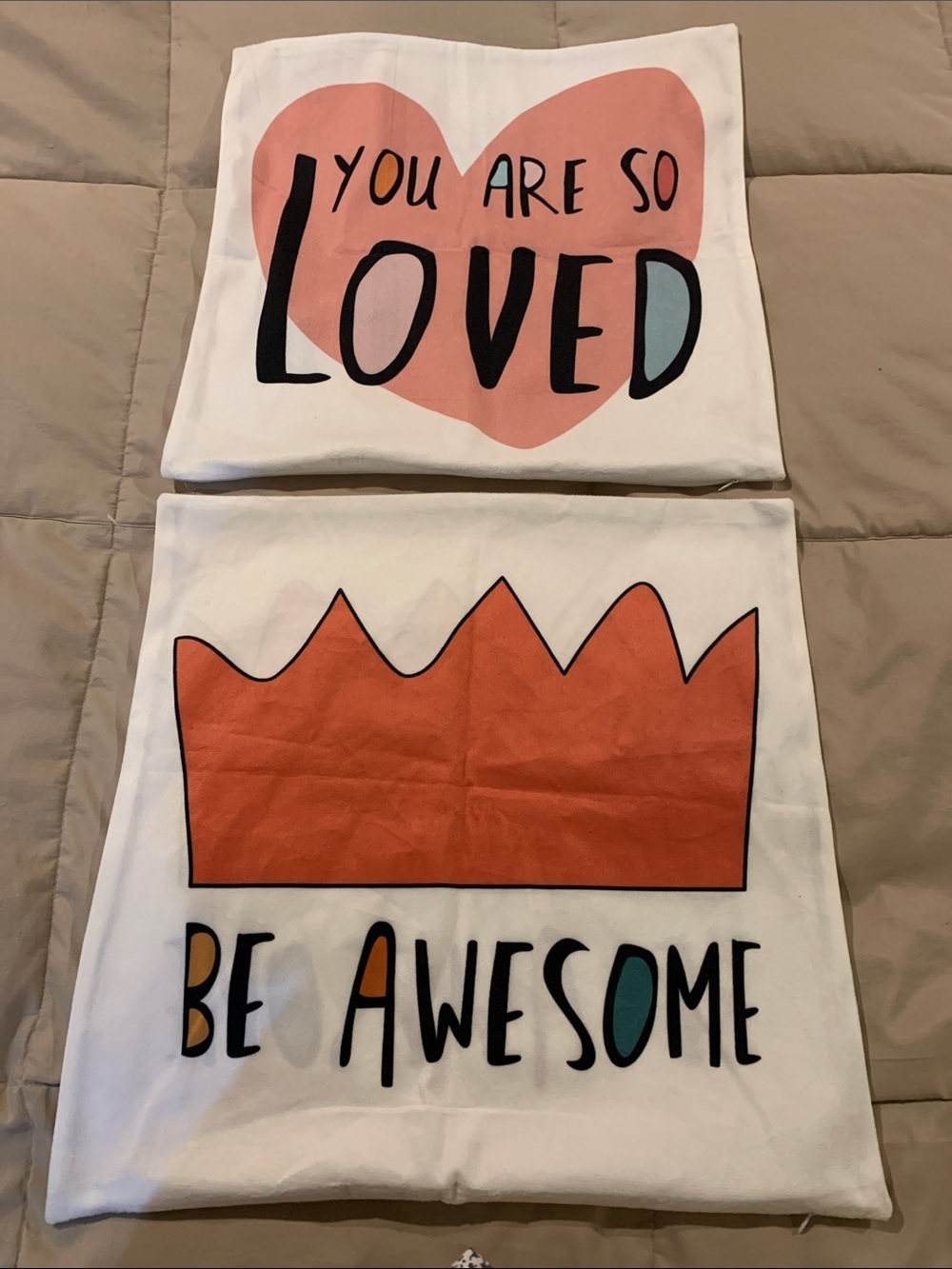 You Are So Loved & Be Awesome Decorative Cotton Covers - Coral Heart & Crown